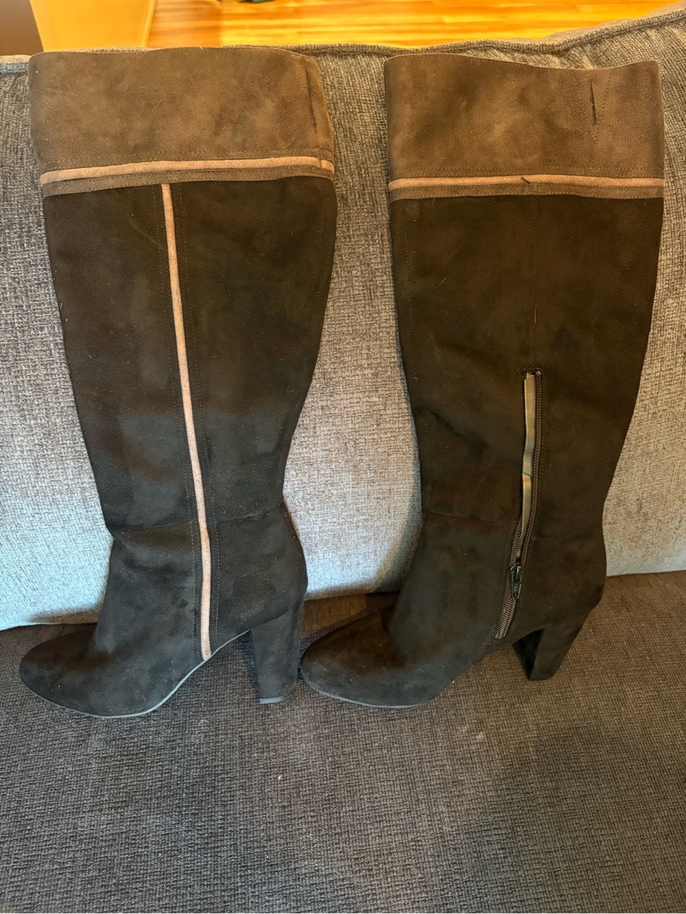 Rialto Black Suede Over-the-Knee Heeled Boots with Tan Piping